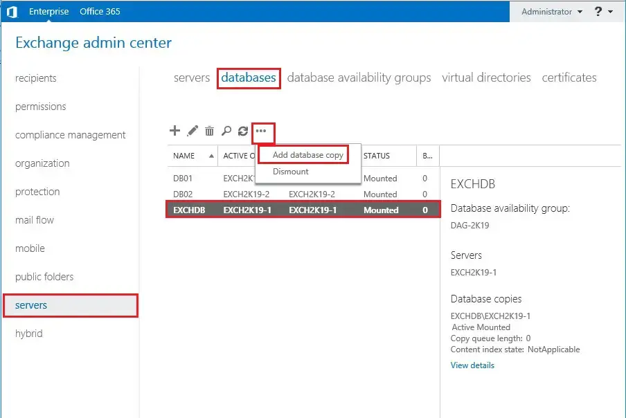 database copy exchange 2019