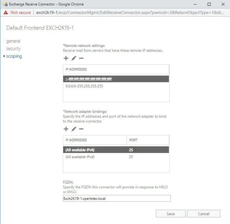 default frontend scoping exchange 2019