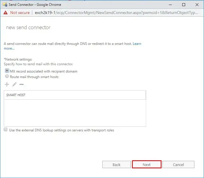 exchange 2019 create send connector