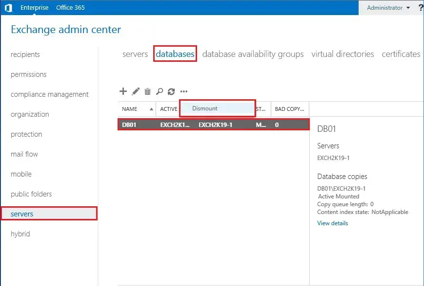 exchange 2019 dismount database