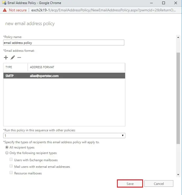 exchange 2019 email address format setup