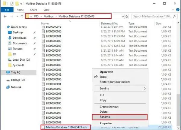 exchange 2019 renaming database