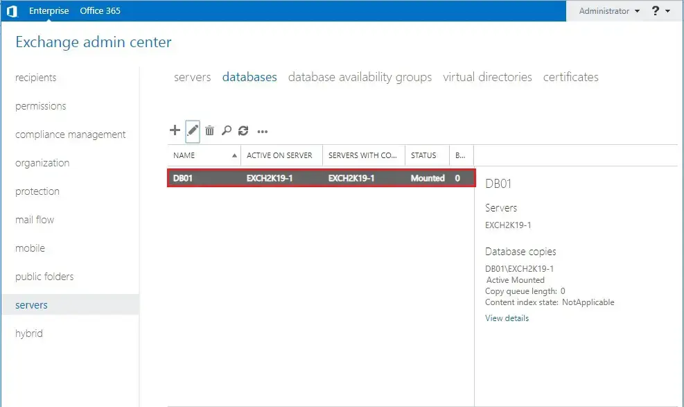 exchange admin center database