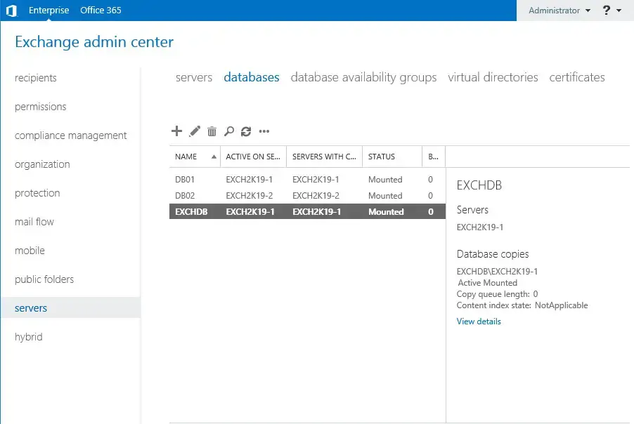 exchange admin center database