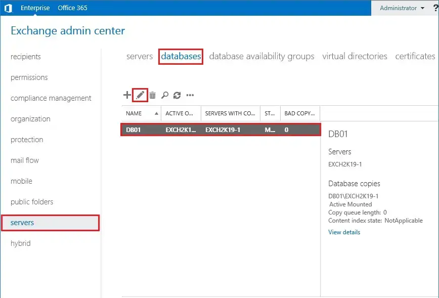 exchange admin center databases