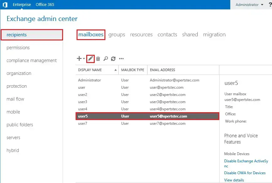 exchange admin center mailboxes