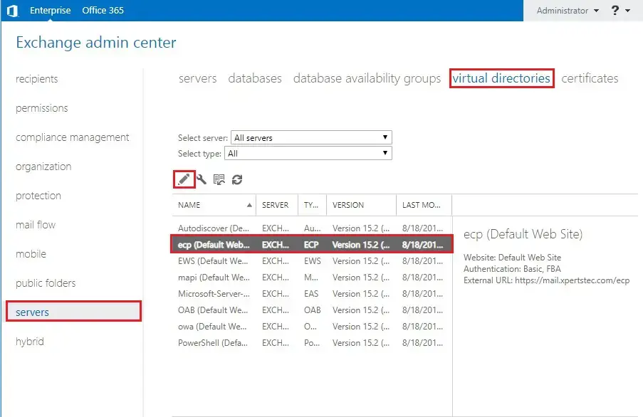 exchange admin center virtual directory