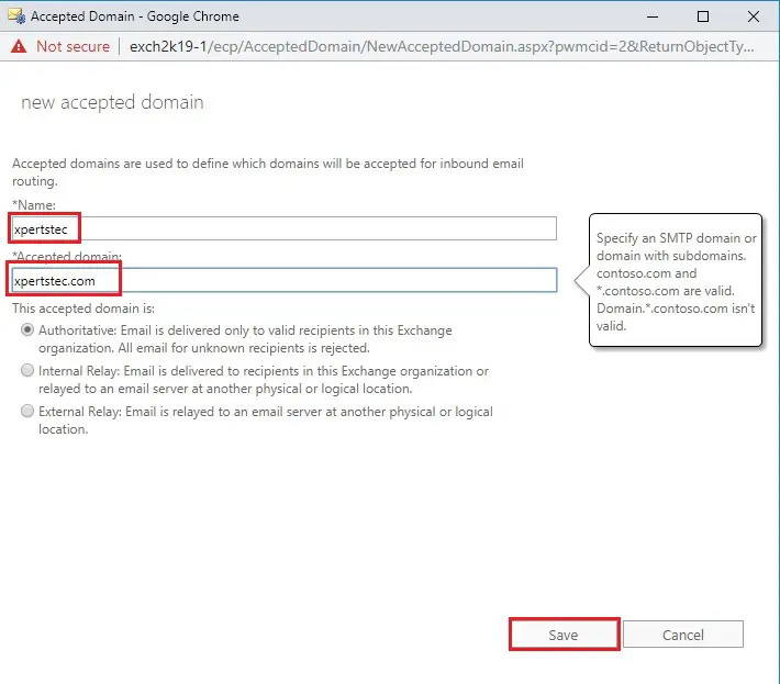 exchange server 2019 new accepted domain