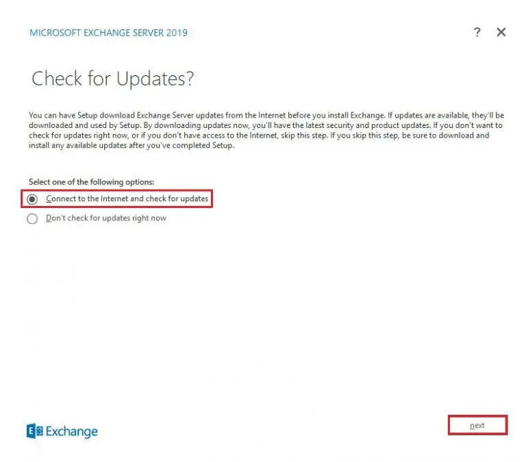 install exchange server 2019 check for update