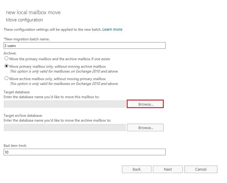 new local mailbox move configuration