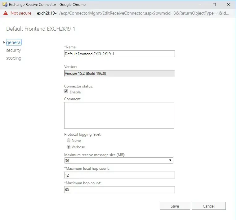 receive connector properties default frontend exchange 2019