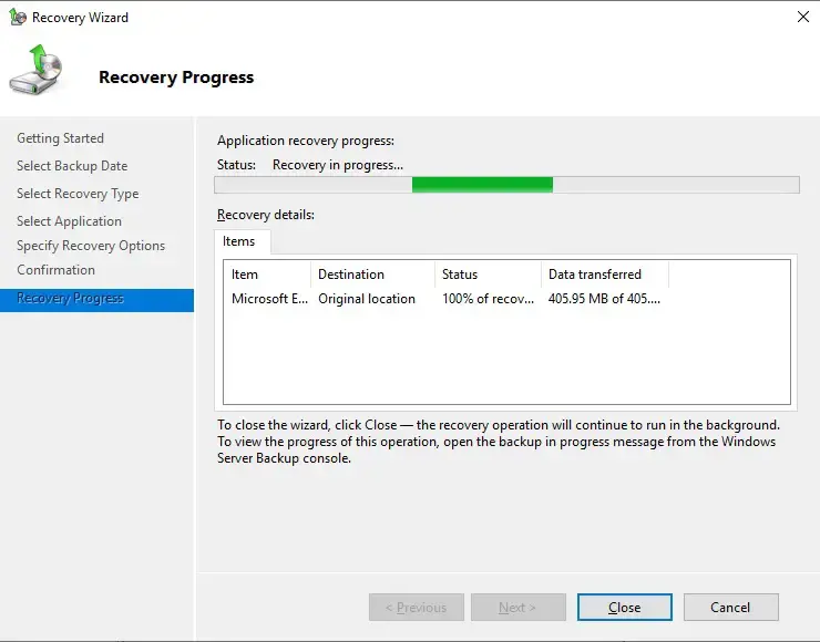 server backup recovery progress