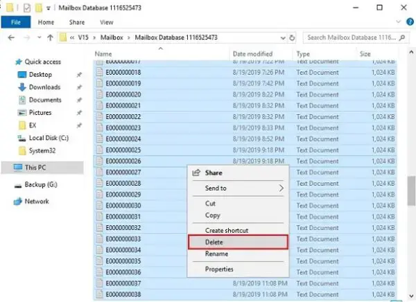 windows explorer delete mailbox database