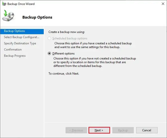 windows server backup backup options