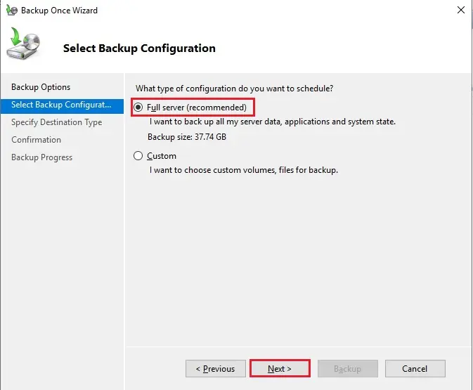 windows server backup configuration