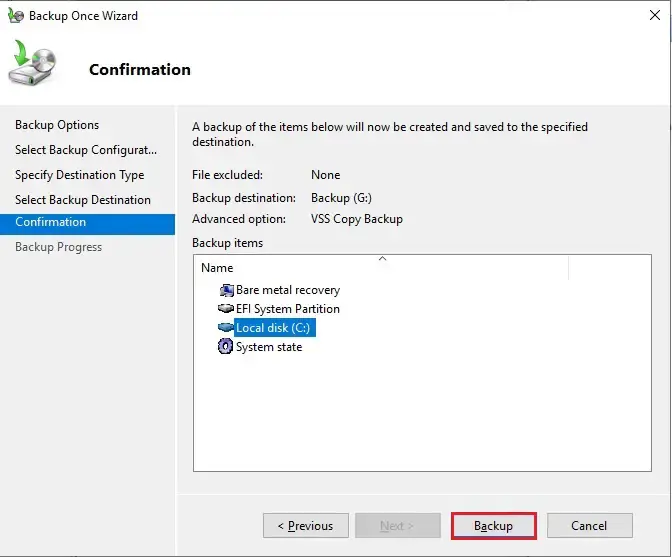  windows server backup confirmation 