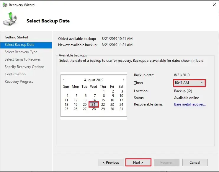 windows server backup date