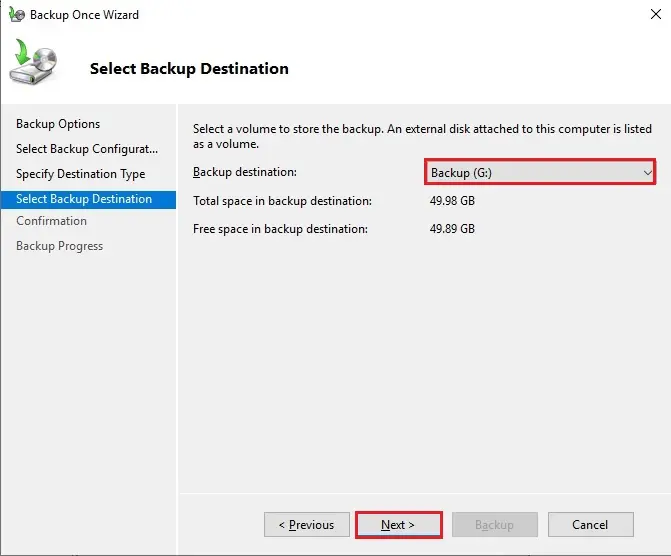 windows server backup destination type