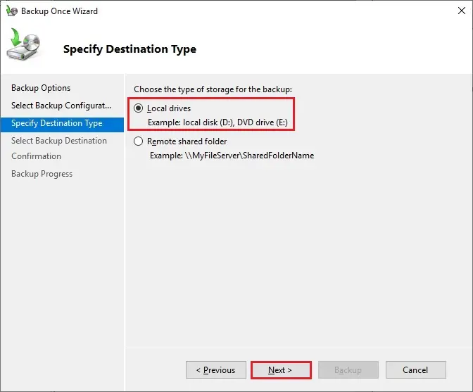 windows server backup destination type