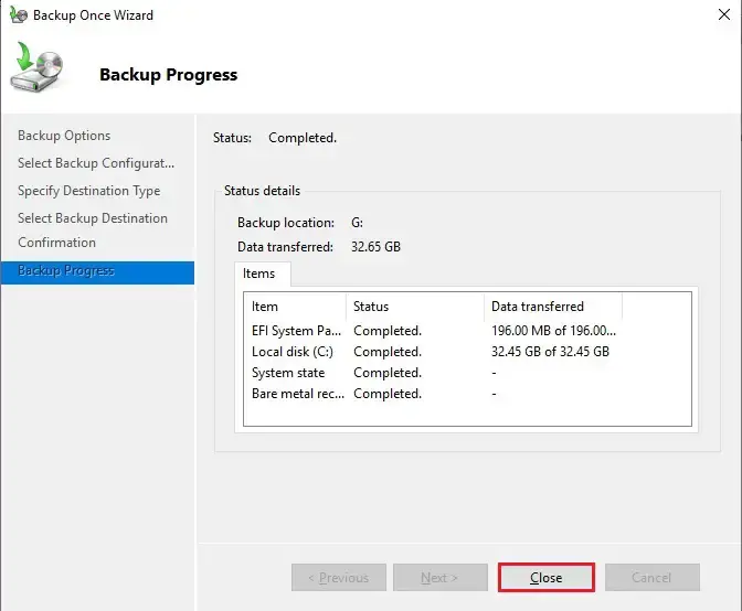 windows server backup progress