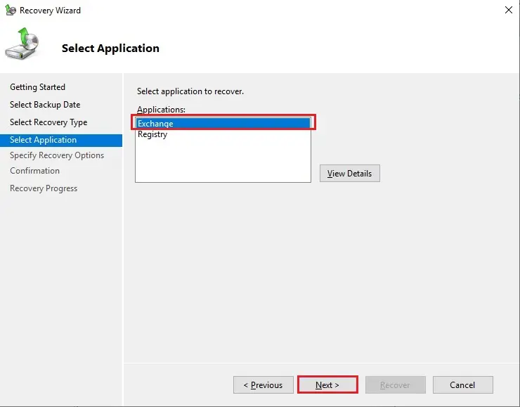 windows server backup select application