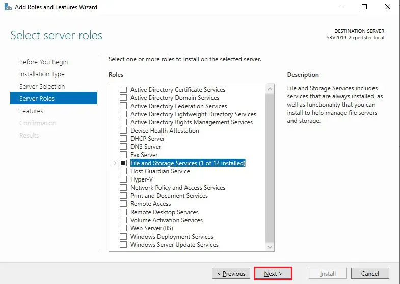 server 2019 roles and features