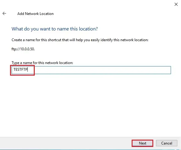 FTP Server add network location name