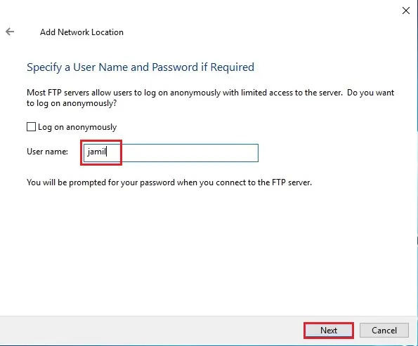 FTP Server add network location username