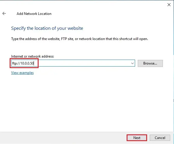 FTP Server location internet or network address