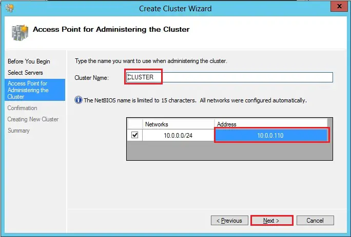 access point for administering the failover cluster