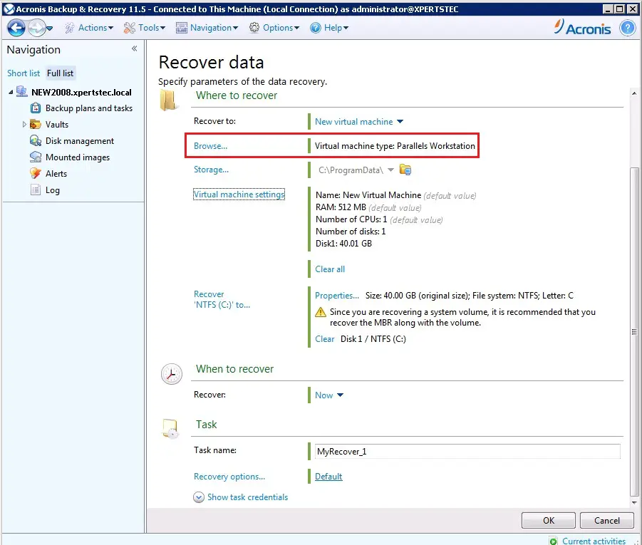 acronis 11.5 data recover recover to