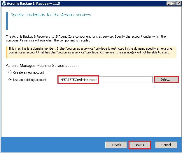 acronis backup client service account