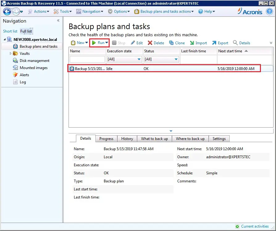 acronis backup plan and tasks