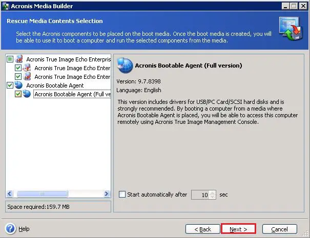 acronis bootable agent wizard