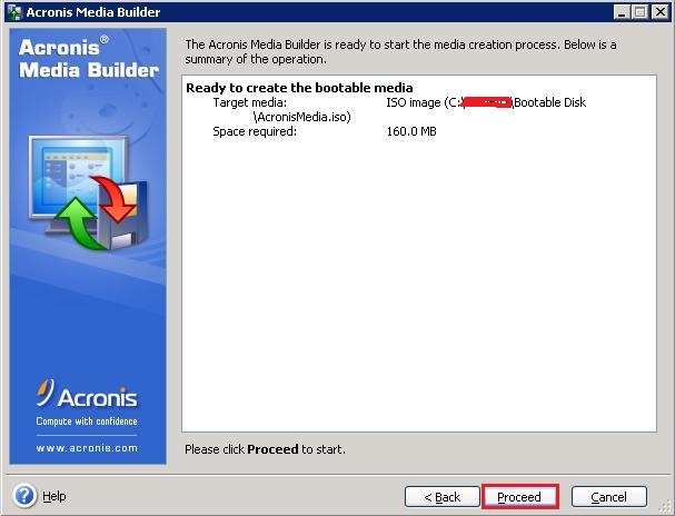 acronis bootable media builder proceed
