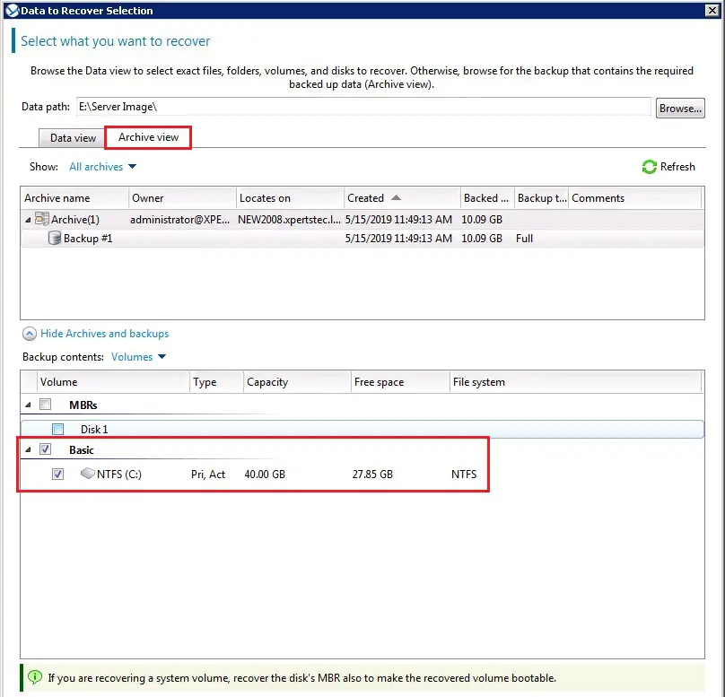 acronis data to recover selection archive view