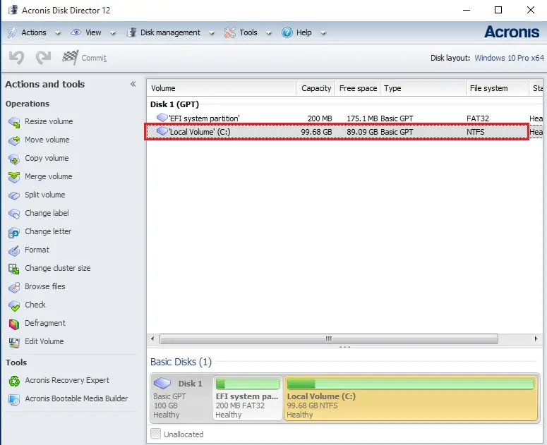 acronis disk director local volume