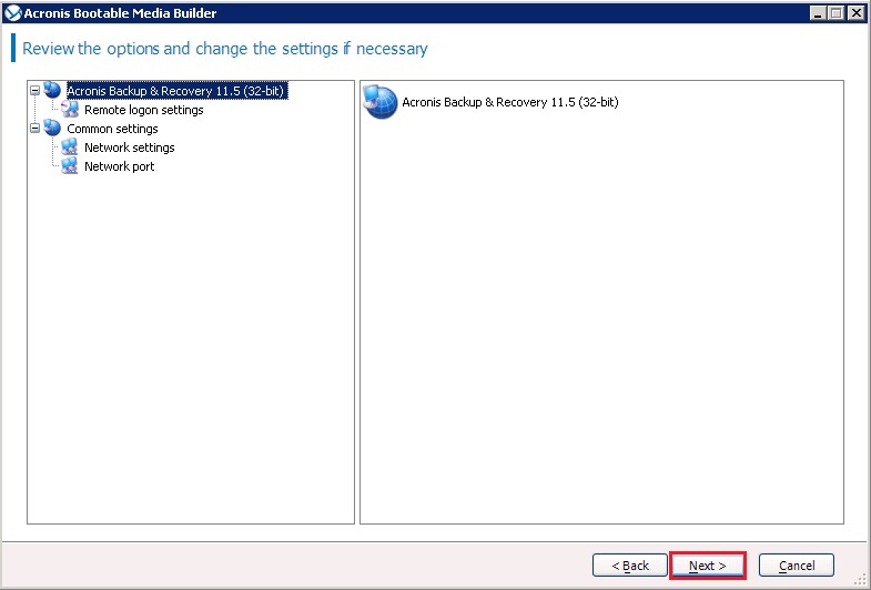 bootable media builder network settings.