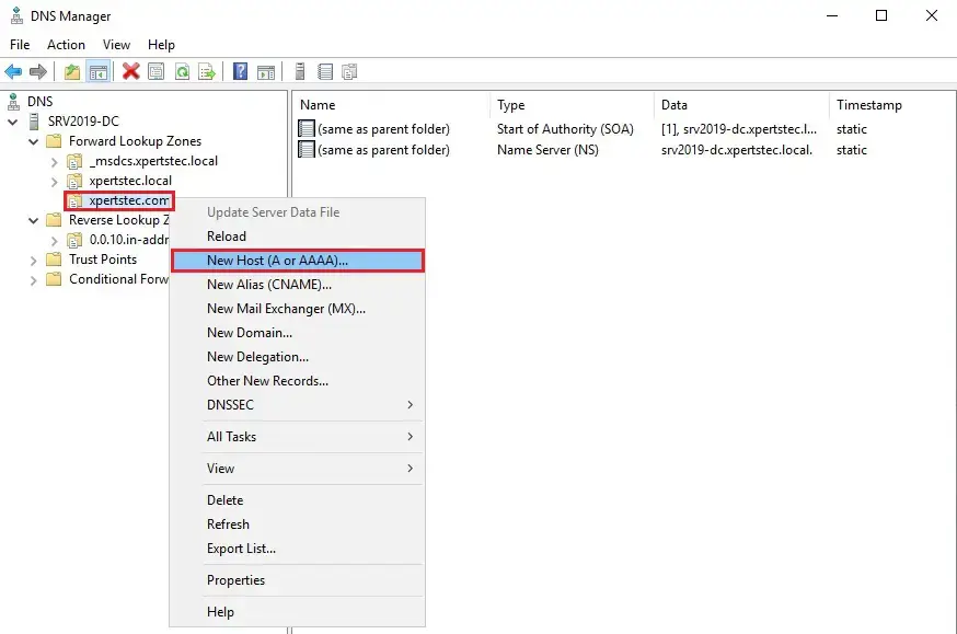 add host a record in dns manager