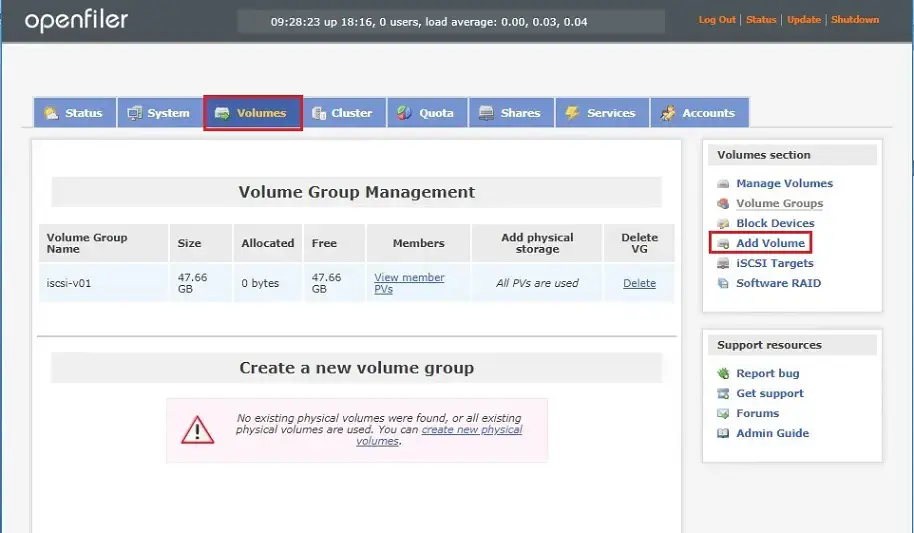 add volume openfiler