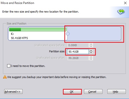 move and resize partition