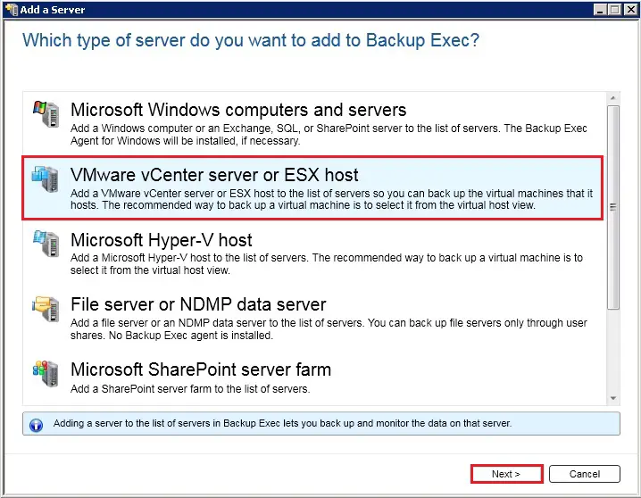 backup exec add esx host