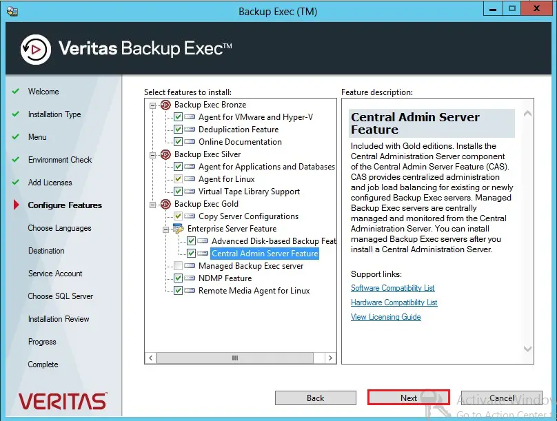 install veritas backup exec features
