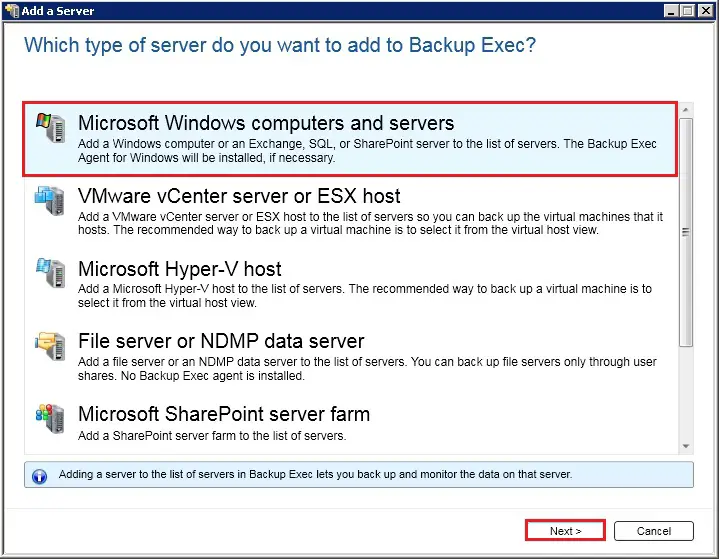 backup exec type of servers