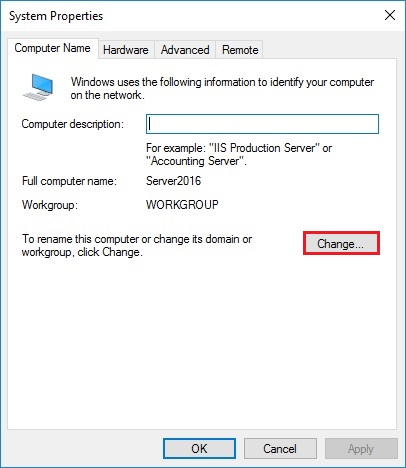 change computer name server 2016