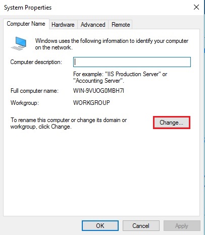 change computer name server 2016