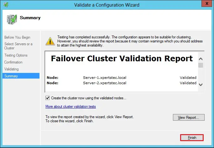 failover cluster validation summary