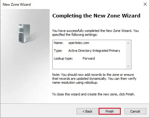 completing new zone wizard