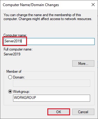 change computer name, How to change computer name in Windows Server 2019.