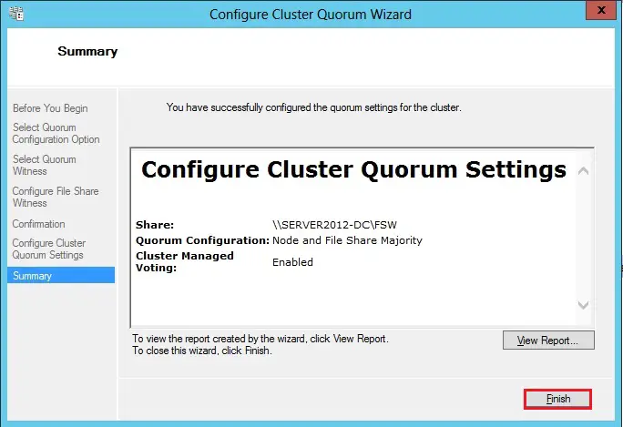 configure failover cluster quorum summary